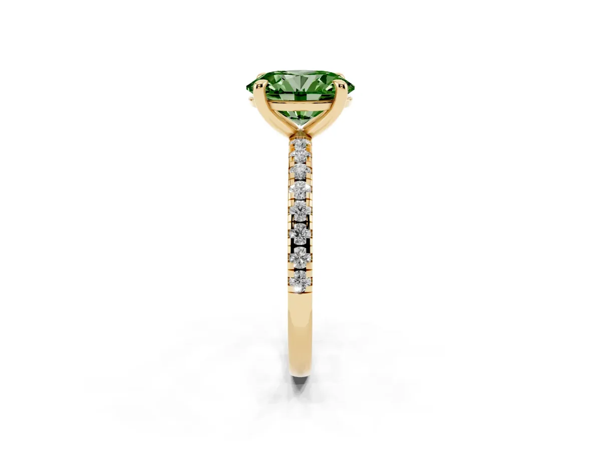 Fancy Green Oval Cut Diamond Brilliant Solitaire Ring with Pavé Band and Four-Prong Setting Yellow gold