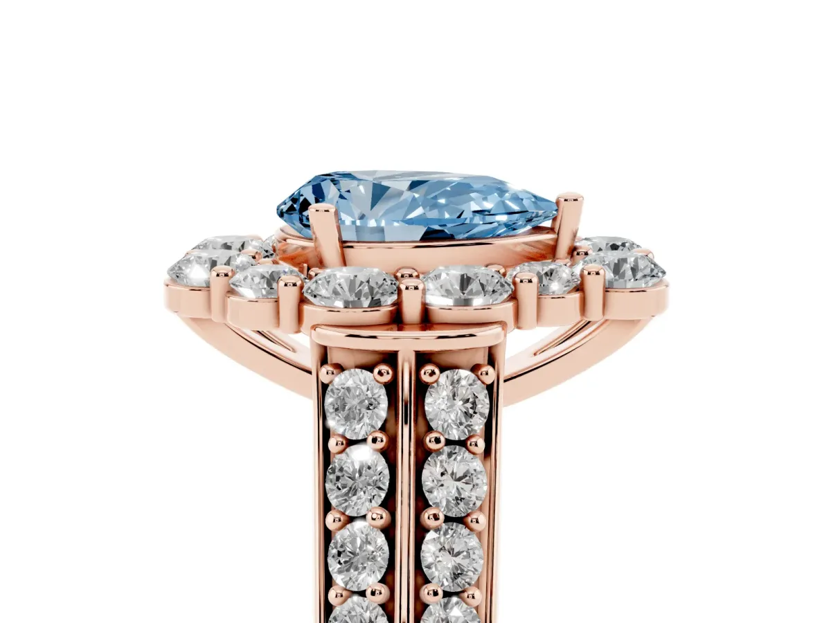 Fancy Blue Pear Cut Halo Diamond Engagement Ring with Split Shank and Prong Setting Rose gold