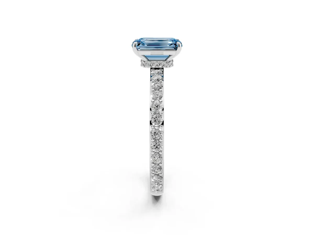 Fancy Blue Emerald Cut Diamond Pavé Engagement Ring with Round Accents and Prong Setting Platinum