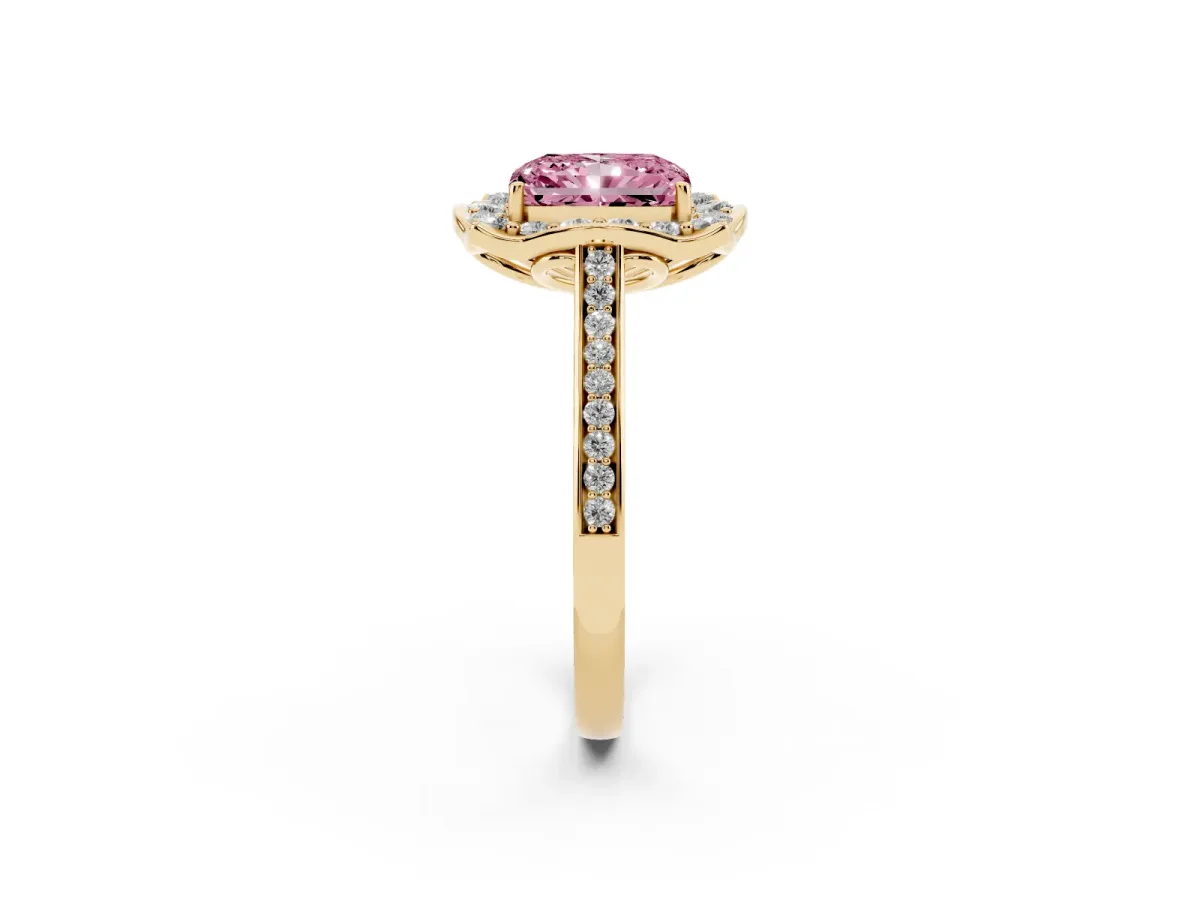 Fancy Pink Radiant Cut Halo Round Diamond Pave Band with Four-Prong Setting Yellow gold