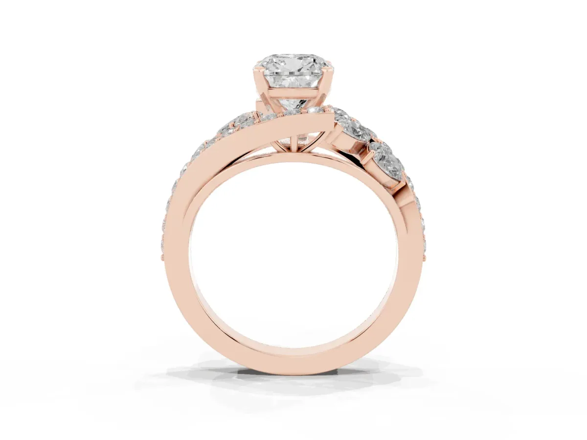 Cushion Cut Diamond Halo Ring with Marquise and Pavé Band in Prong Setting Rose gold