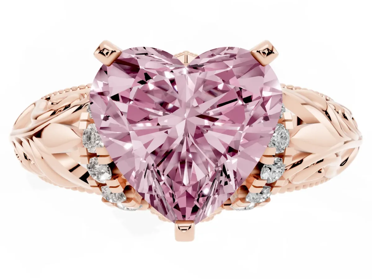 Fancy Pink Heart Cut Solitaire Filigree Engagement Ring with Halo and Prong Setting Rose gold