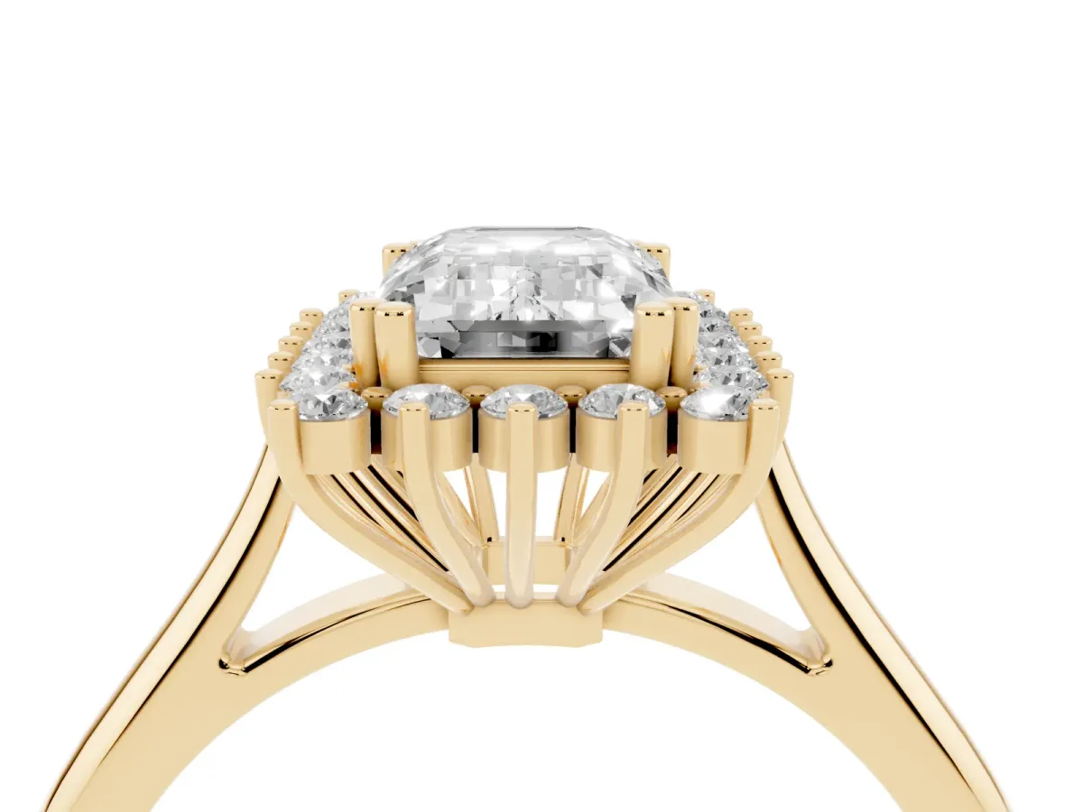 Emerald Cut Cut Diamond Halo Ring with Solitaire Band and Prong Setting Yellow gold