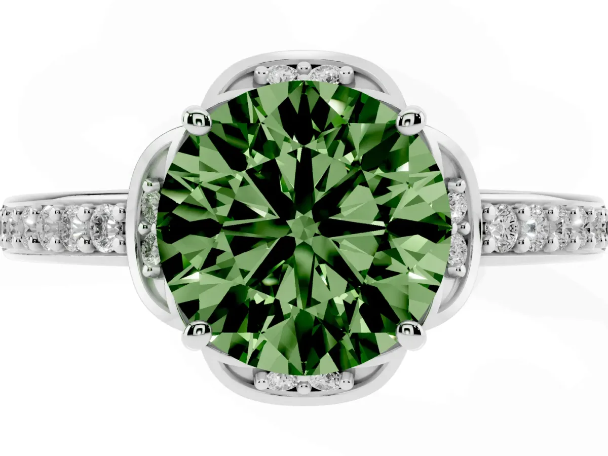 Fancy Green Round Cut Cut Halo Diamond Ring with Channel Set Band and Four-Prong Setting Silver