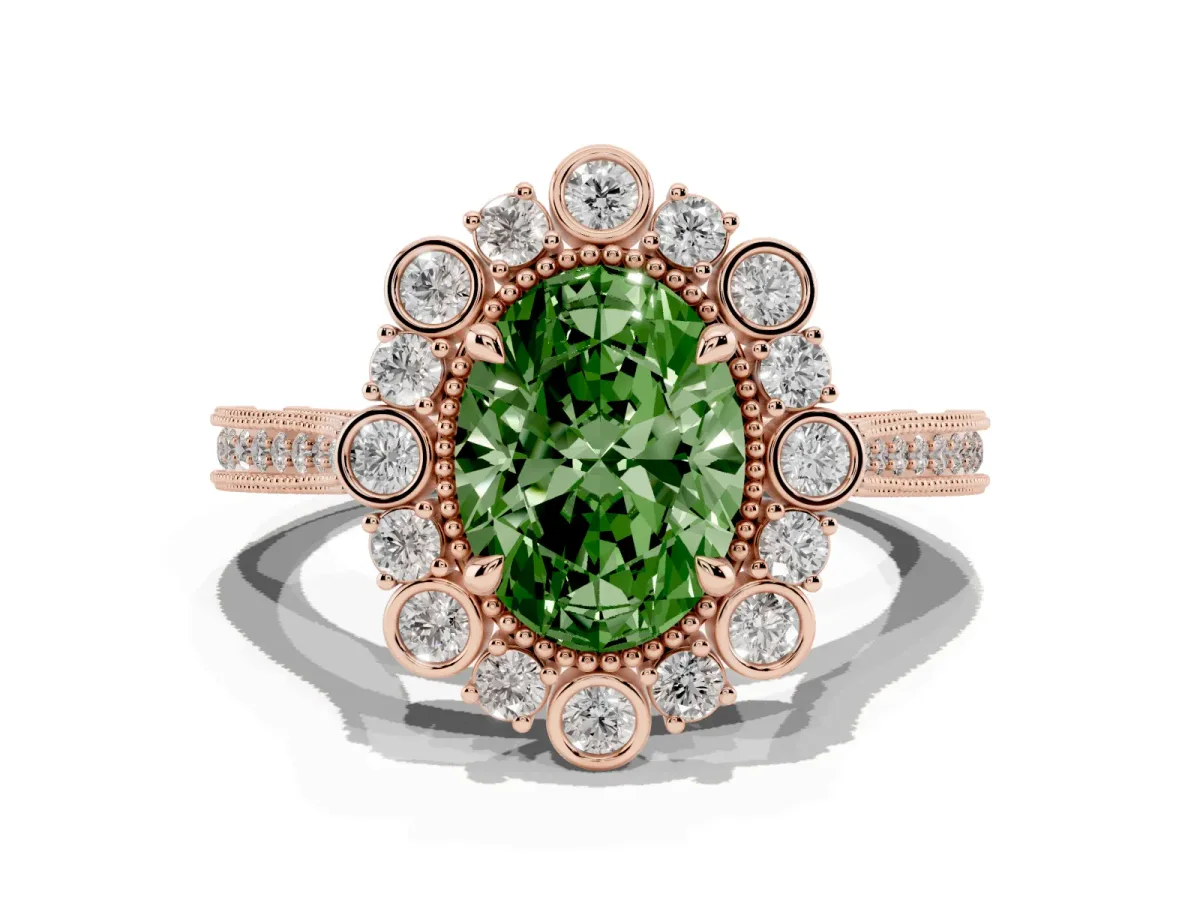 Fancy Green Oval Cut Halo Milgrain Pave Diamond Ring with Four-Prong Setting Rose gold
