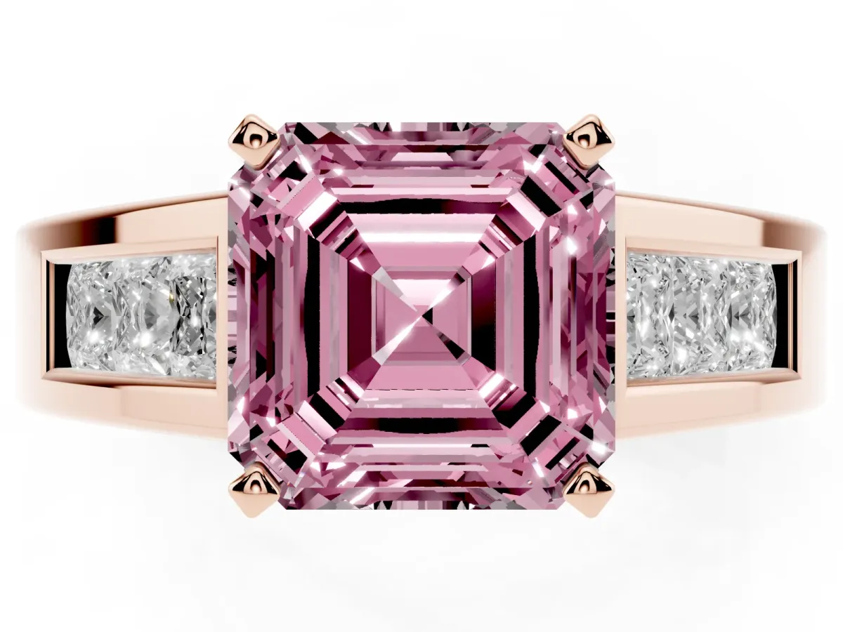 Fancy Pink Asscher Cut Cut Channel Set Solitaire Ring with Four-Prong Setting Rose gold