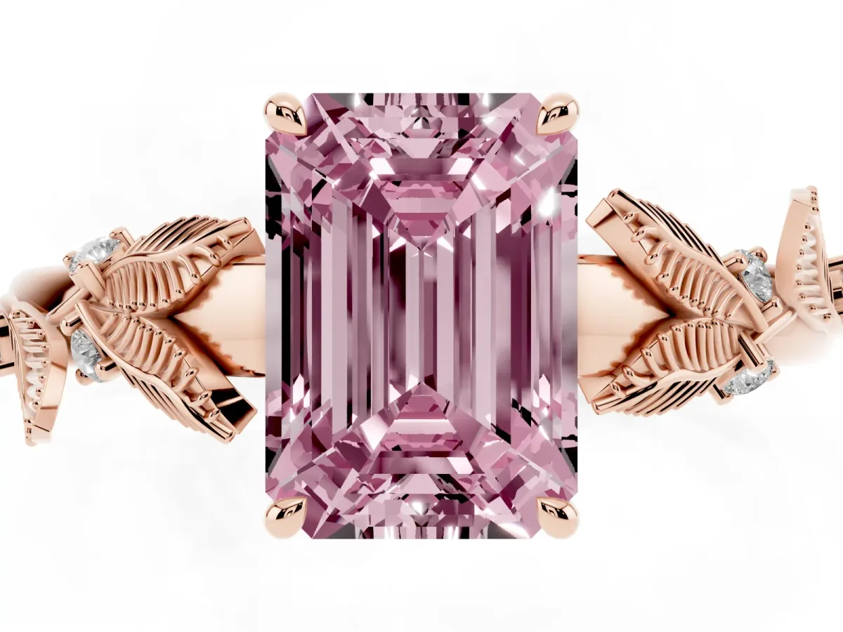 Fancy Pink Emerald Cut Diamond Solitaire Ring with Leaf Motif Band and Four-Prong Setting Rose gold