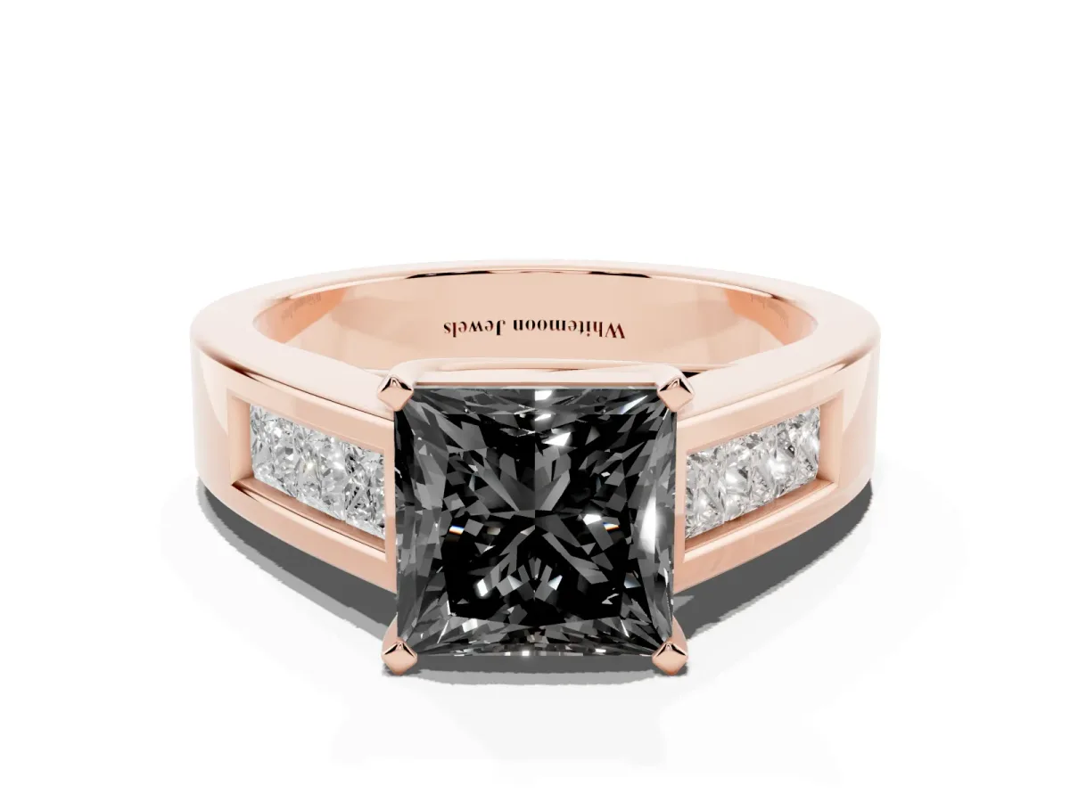 Fancy Black Princess Cut Cut Channel Set Solitaire Ring with Four-Prong Setting Rose gold