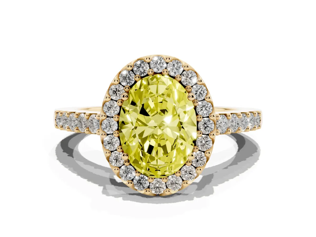 Fancy Yellow Oval Cut Halo Diamond Pavé Solitaire Ring Yellow gold