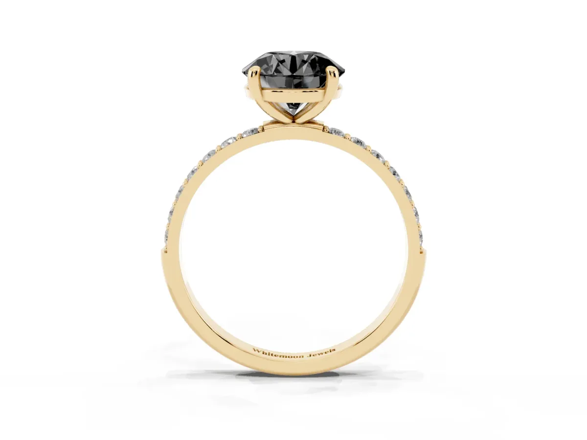 Fancy Black Round Cut Diamond Solitaire Ring with Round Pavé Band and Prong Setting Yellow gold