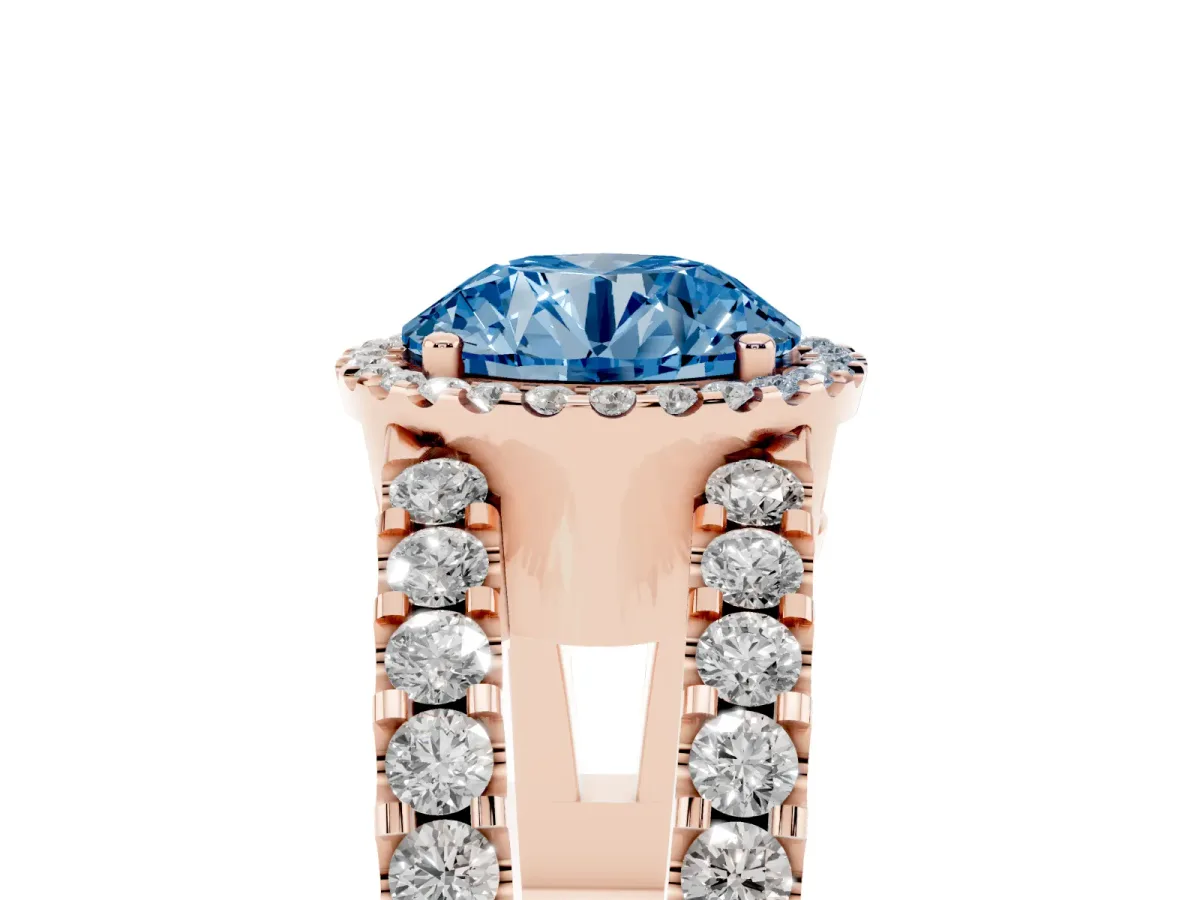 Fancy Blue Round Cut Cut Halo Split Shank Diamond Ring with Four-Prong Setting Rose gold