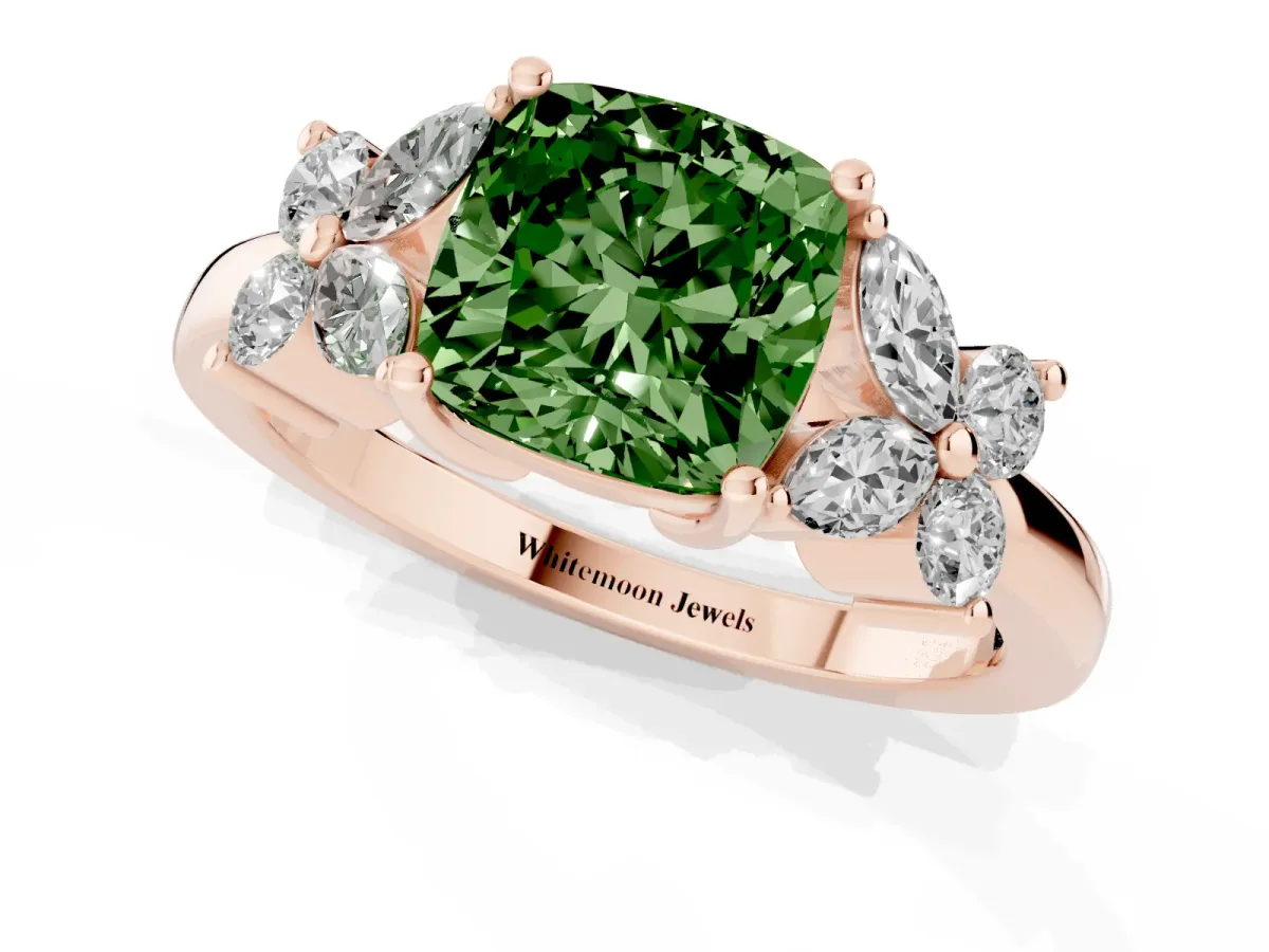 Fancy Green Cushion Cut Diamond Floral Cluster Ring with Solitaire Band and Prong Setting Rose gold