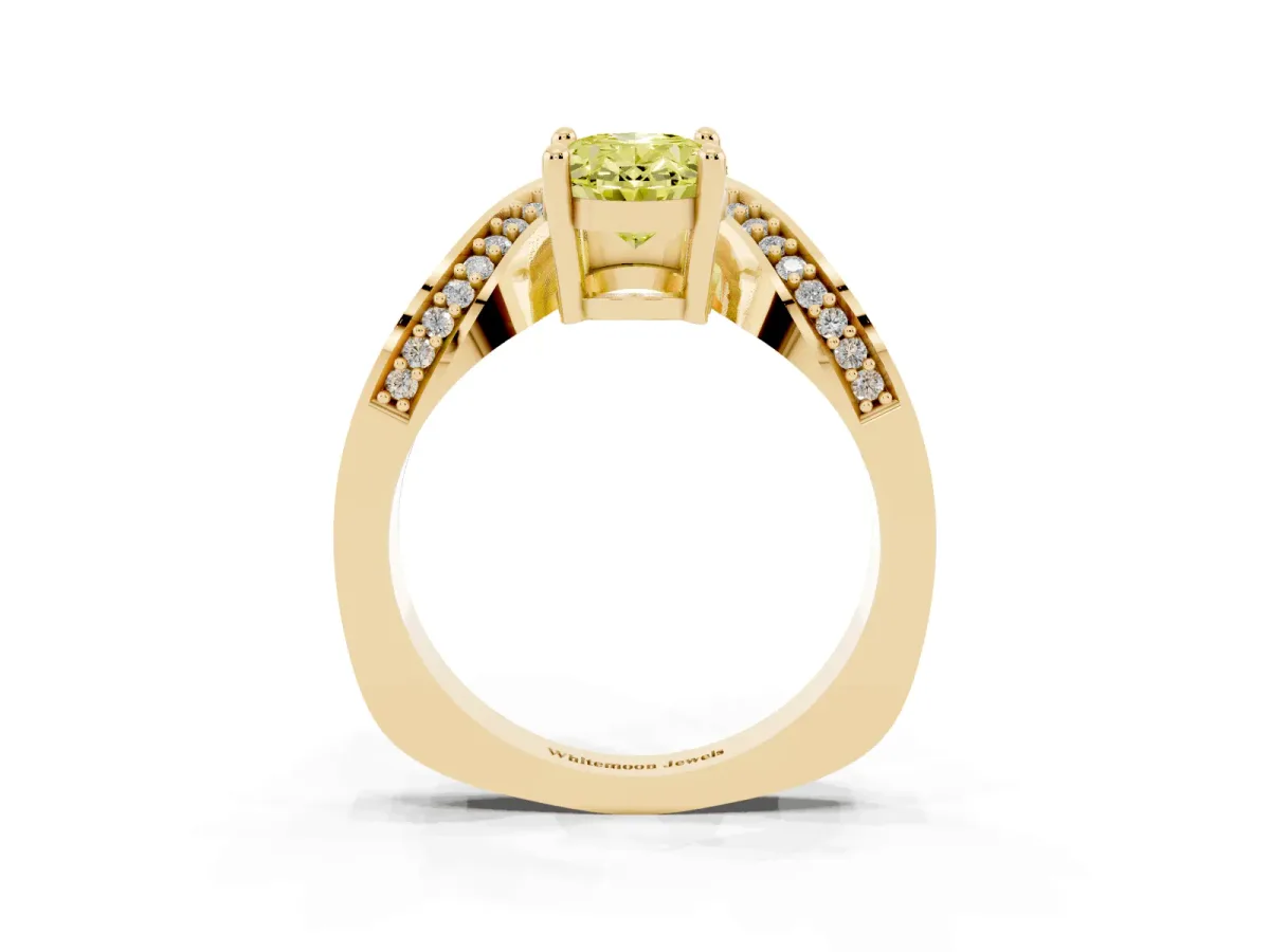Fancy Yellow Oval Cut Solitaire Diamond Engagement Ring with Pave Band and Four-Prong Setting Yellow gold