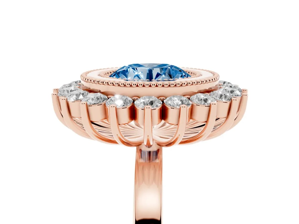 Fancy Blue Round Cut Halo Diamond Ring with Milgrain Edge and Round Prong Setting Rose gold