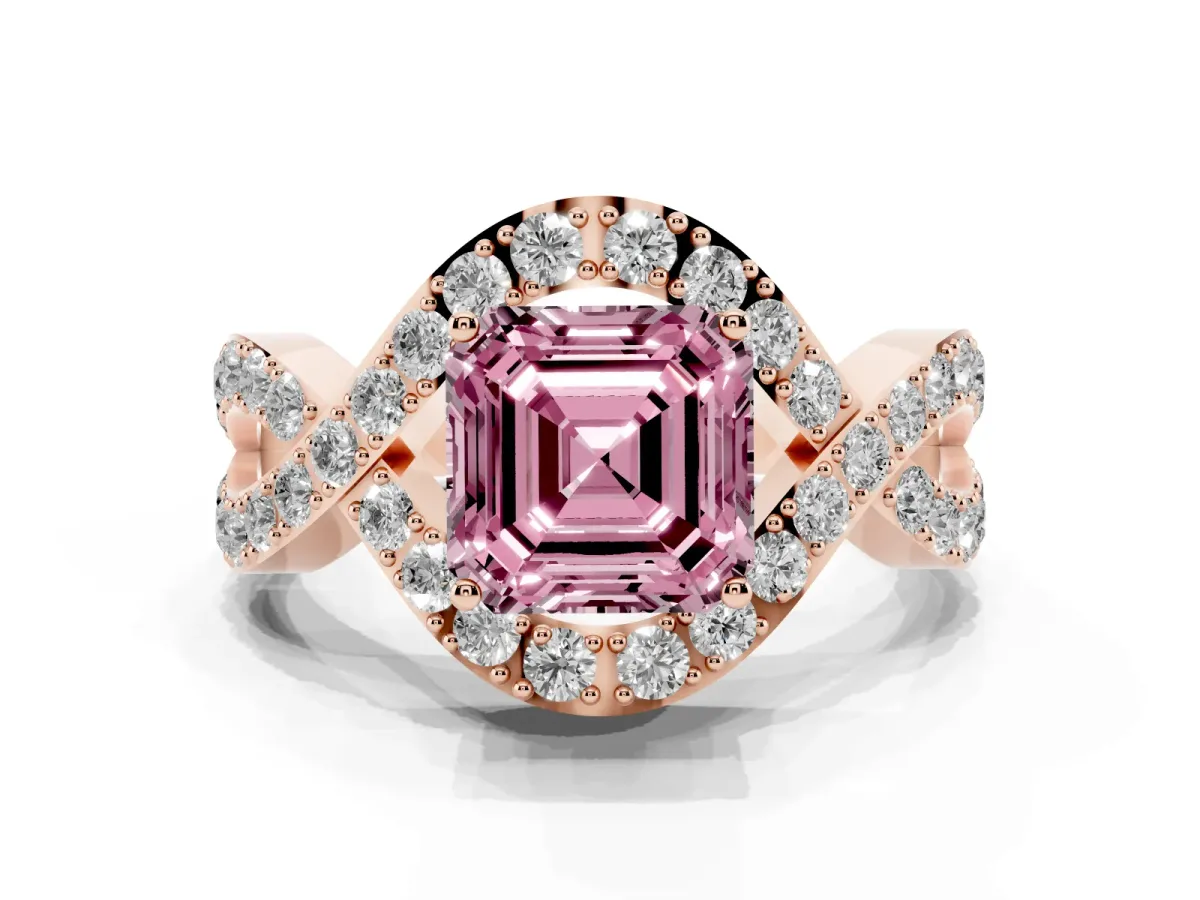 Fancy Pink Asscher Cut Solitaire Twist Band Pavé Diamond Engagement Ring Rose gold