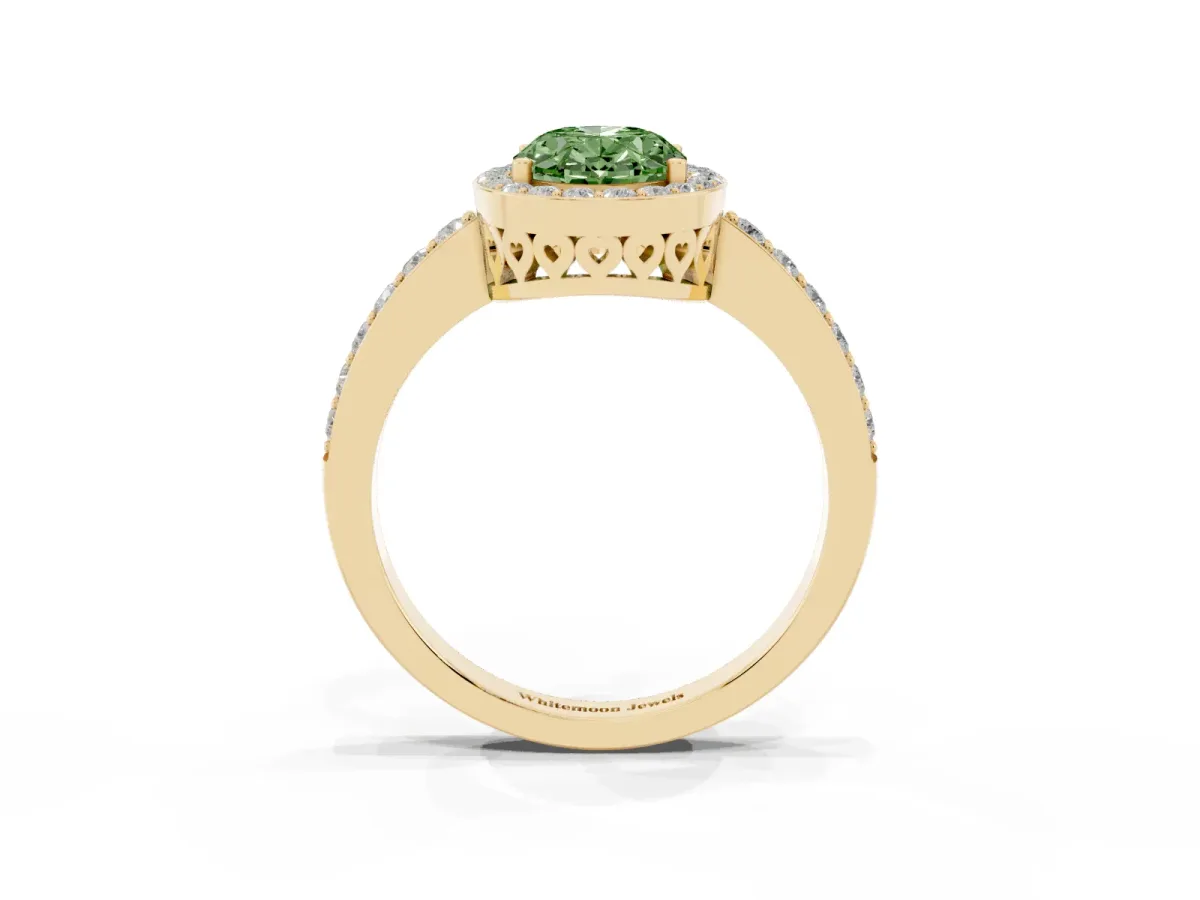 Fancy Green Oval Cut Halo Diamond Pavé Band Ring with Prong Setting Yellow gold