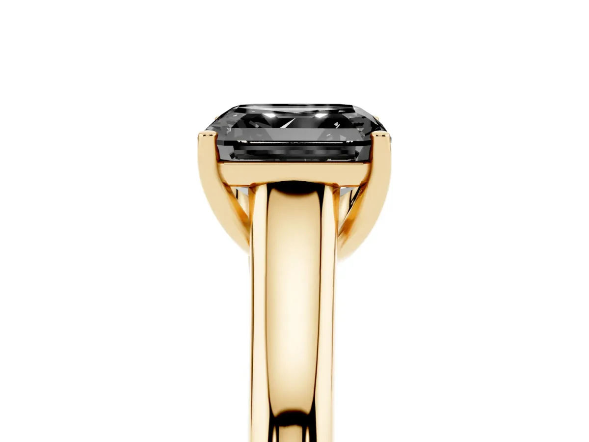 Fancy Black Asscher Cut Solitaire Engagement Ring with Tapered Band and Four-Prong Setting Yellow gold