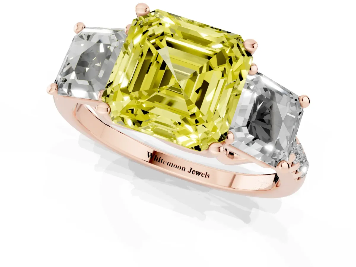 Fancy Yellow Three-Stone Asscher Cut Diamond Ring with Round Pavé Band and Prong Setting Rose gold