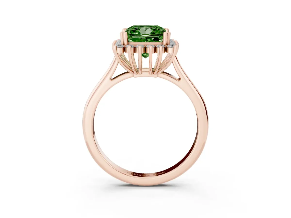 Fancy Green Princess Cut Cut Diamond Halo Ring with Solitaire Band and Prong Setting Rose gold