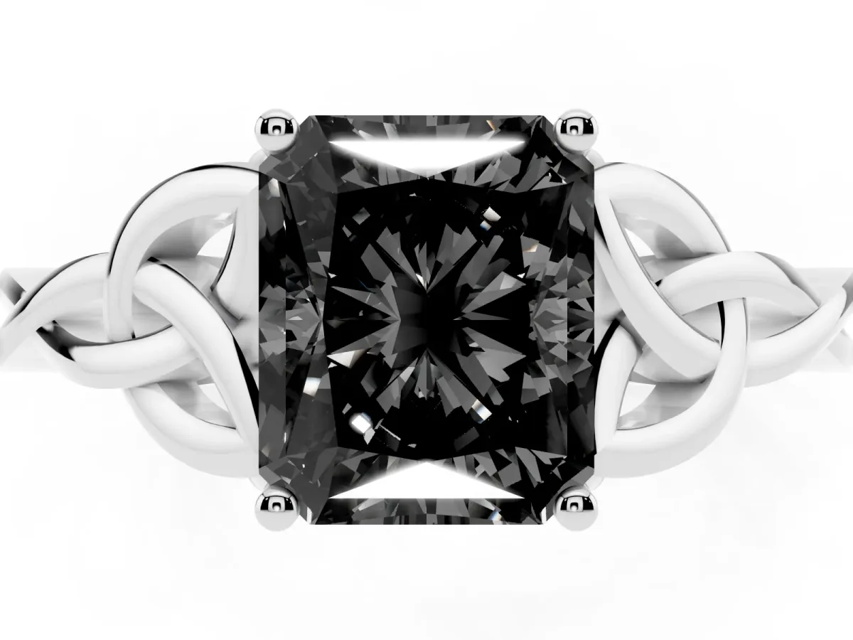 Fancy Black Radiant Cut Diamond Solitaire Engagement Ring with Celtic Knot Band and Four-Prong Setting White gold