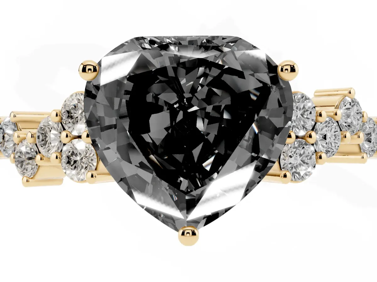 Fancy Black Heart Cut Diamond Scattered Round Accent Ring with Prong Setting Yellow gold