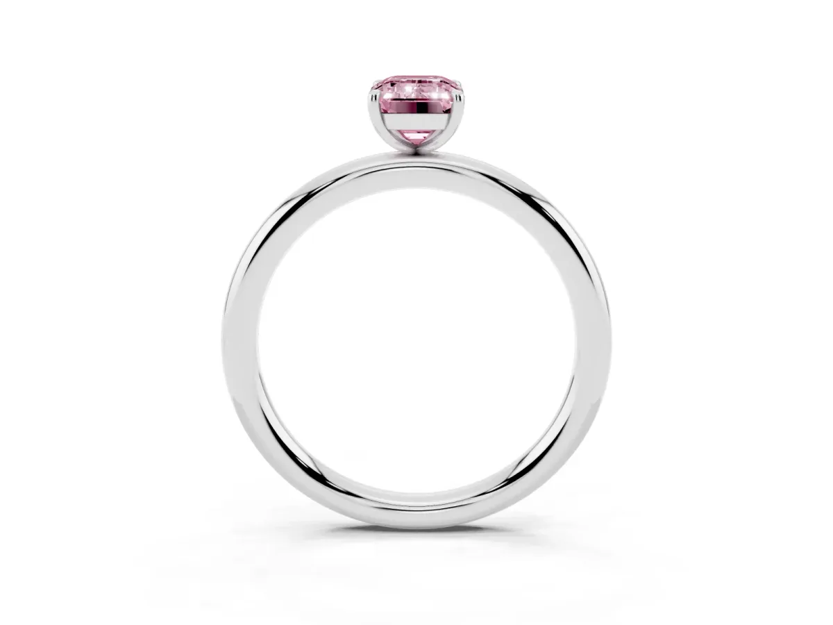 Fancy Pink Emerald Cut Solitaire Diamond Ring with Four-Prong Setting on a Plain Band Silver