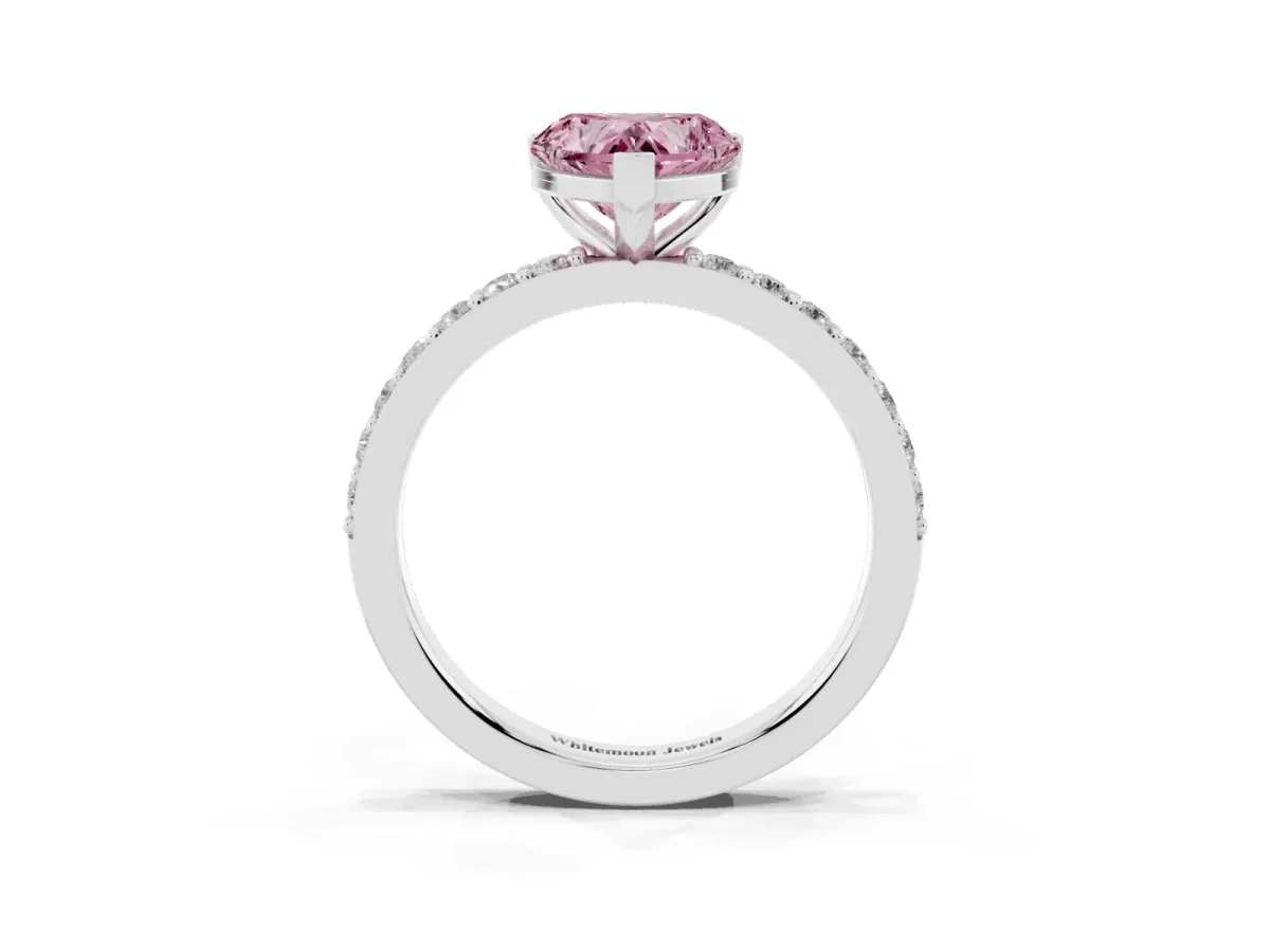 Fancy Pink Heart Cut Cut Diamond Solitaire with Pave Band and Four-Prong Setting Platinum