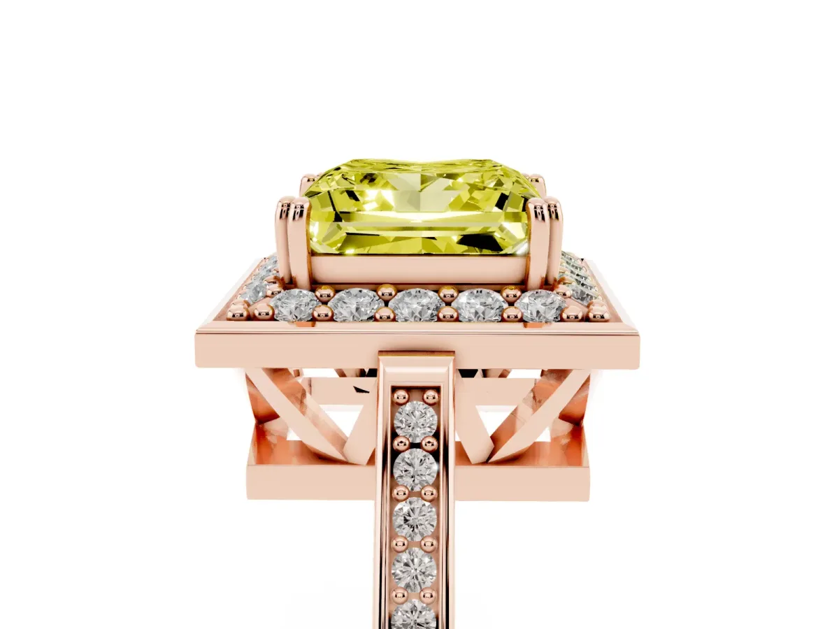 Fancy Yellow Princess Cut Diamond Halo Ring with Split Shank and Four-Prong Setting Rose gold