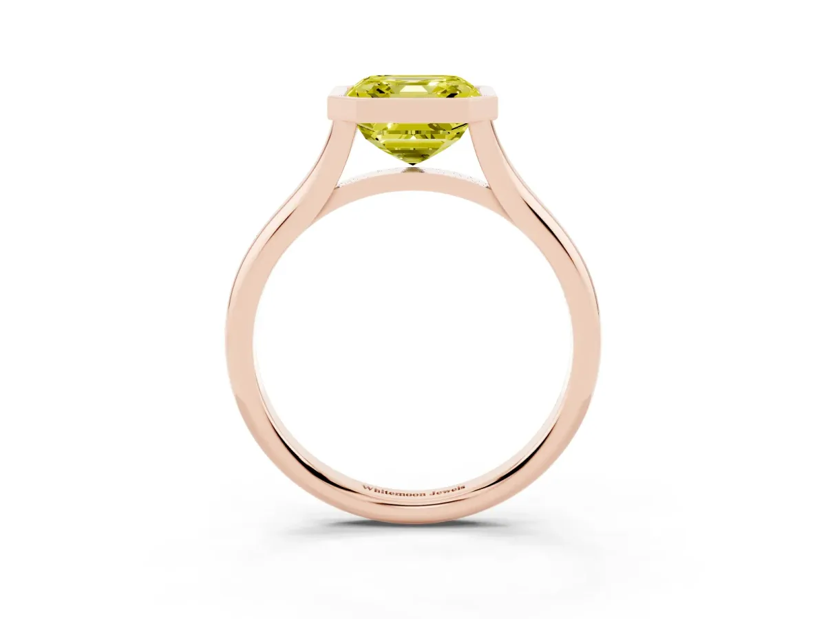 Fancy Yellow Bezel Set Asscher Cut Cut Solitaire Ring with Tapered Band Rose gold
