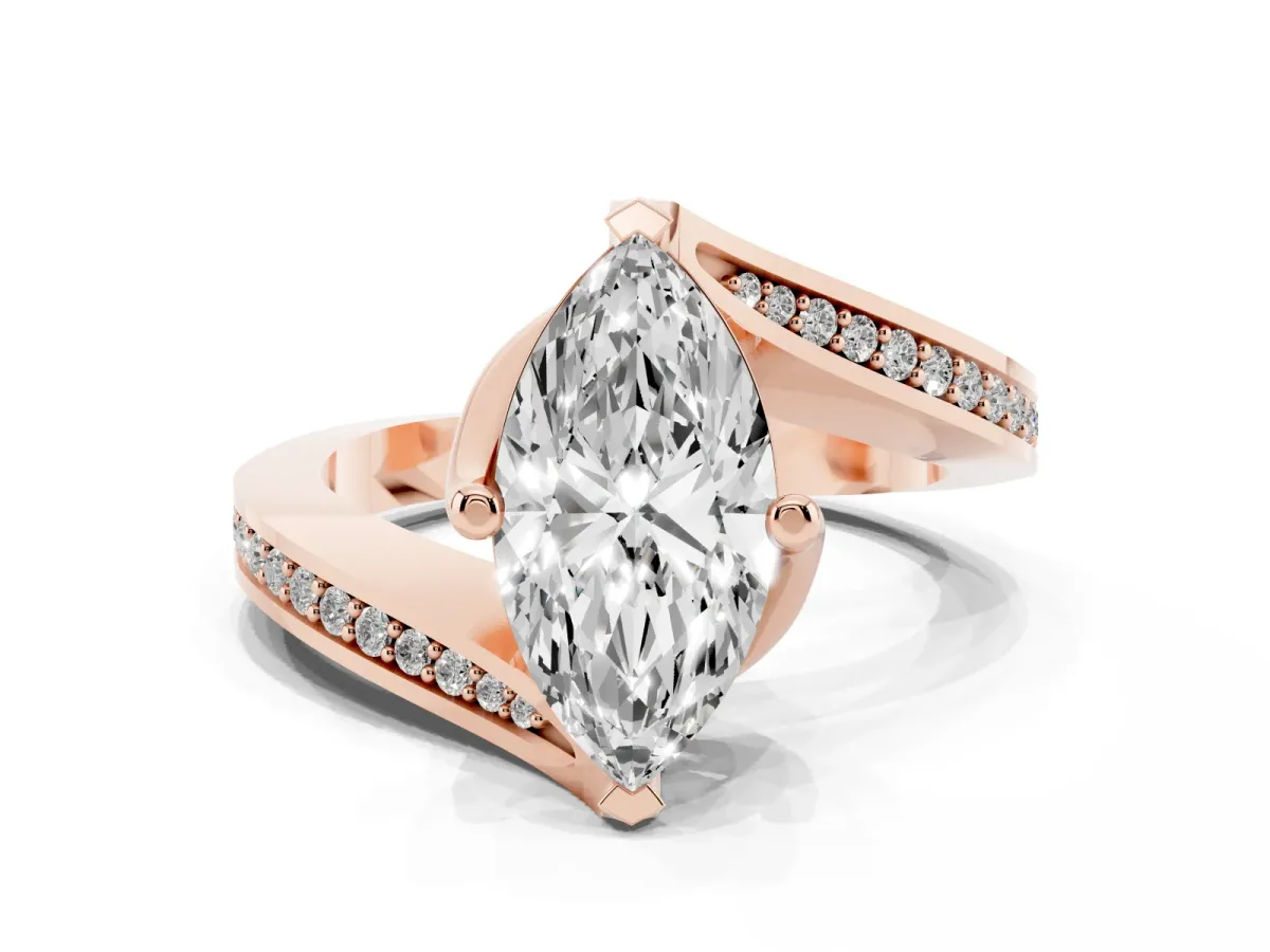 Marquise Cut Solitaire Diamond Twist Band with Pavé Setting and Four-Prong Setting Rose gold