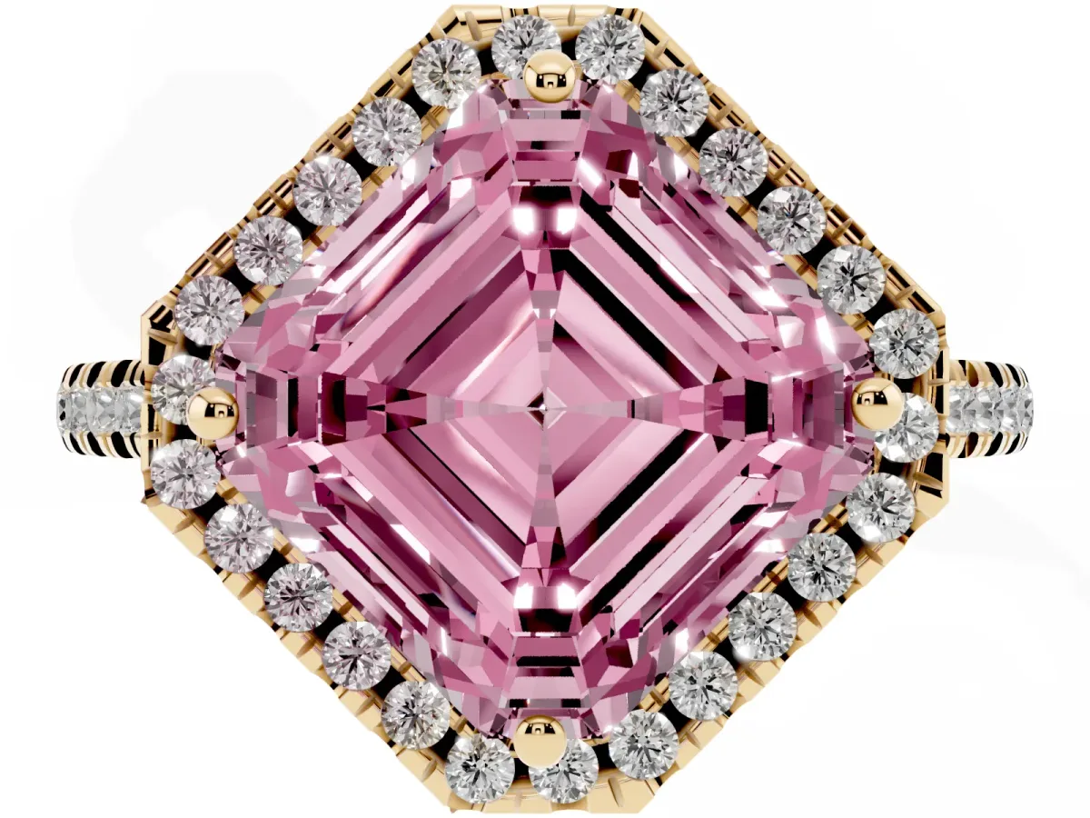 Fancy Pink Asscher Cut Diamond Cushion Halo Ring with Pavé Band Yellow gold