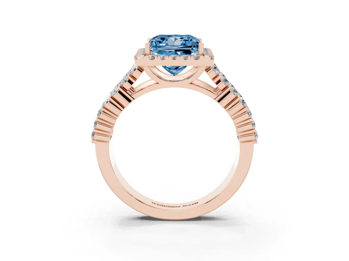 Fancy Blue Princess Cut Diamond Halo Engagement Ring with Triple Row Round Pavé Band and Prong Setting Rose gold