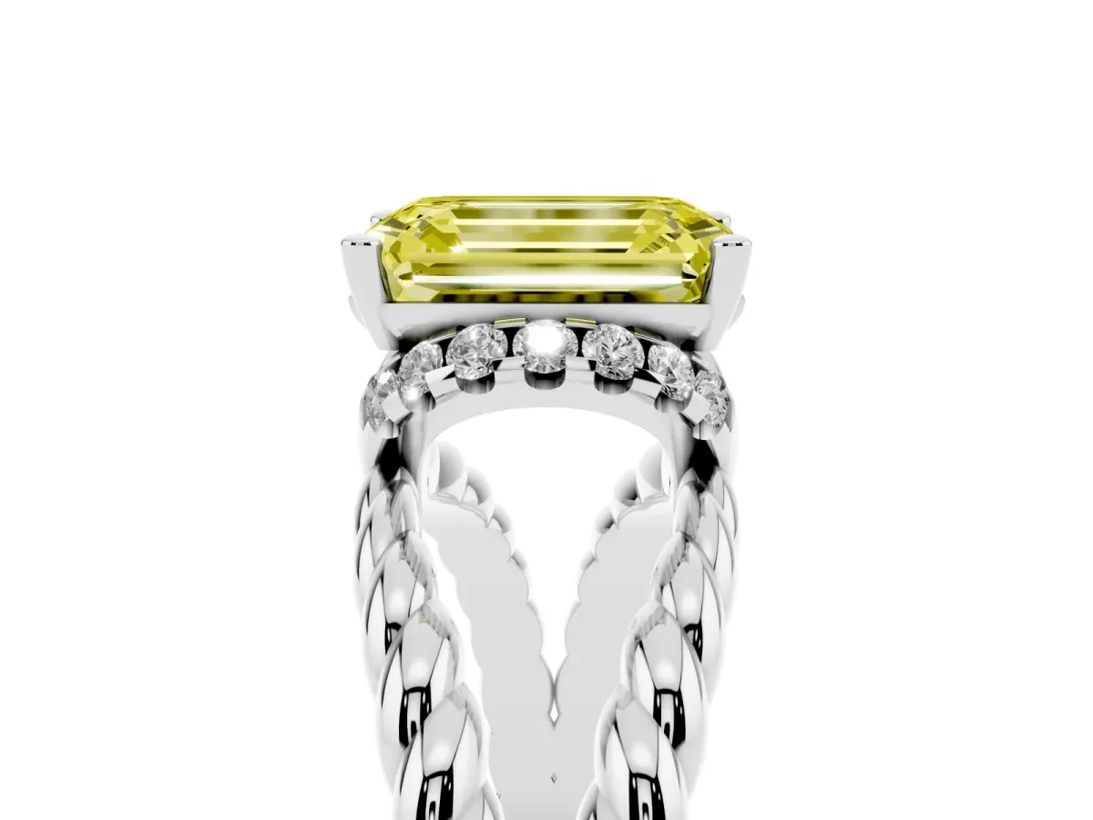 Fancy Yellow Emerald Cut Halo Twisted Band Four-Prong Ring Silver