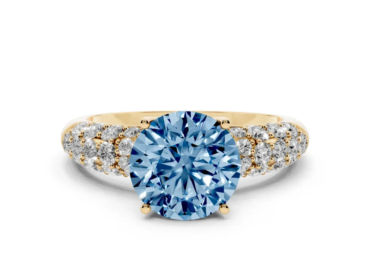 Fancy Blue Round Cut Diamond Pavé Band Solitaire Ring with Four-Prong Setting Yellow gold