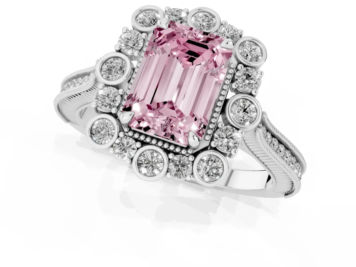 Fancy Pink Emerald Cut Halo Milgrain Pave Diamond Ring with Four-Prong Setting Platinum