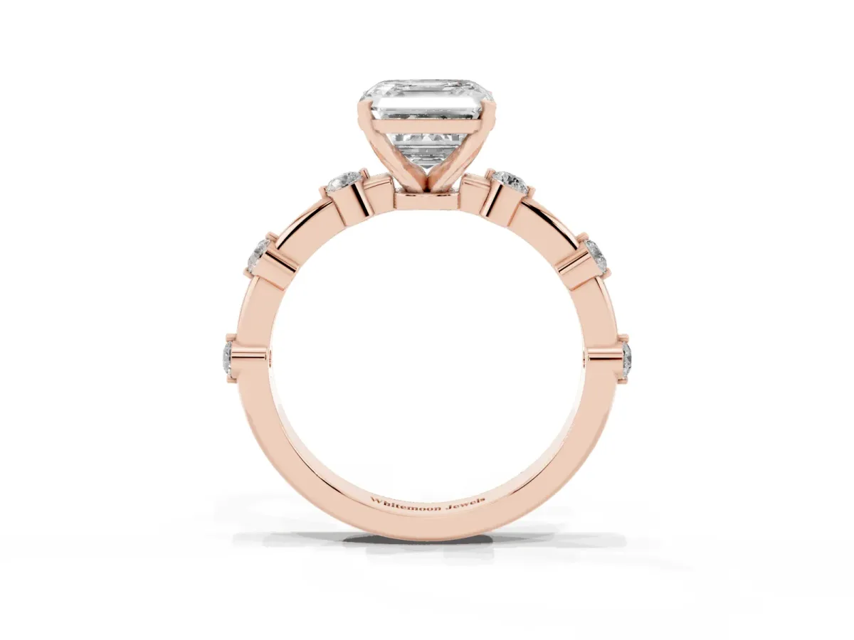 Asscher Cut Solitaire Diamond Ring with Bezel Set Side Stones and Prong Setting Rose gold