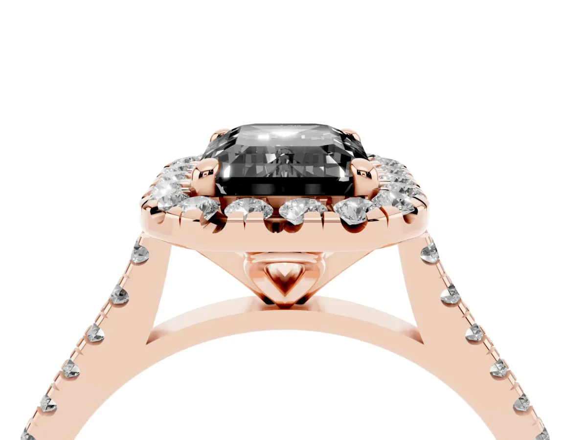Fancy Black Emerald Cut Diamond Cushion Halo Ring with Pavé Band Rose gold