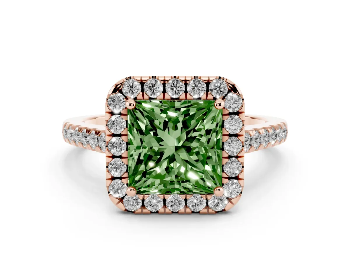Fancy Green Princess Cut Halo Pavé Diamond Engagement Ring with Four-Prong Setting Rose gold