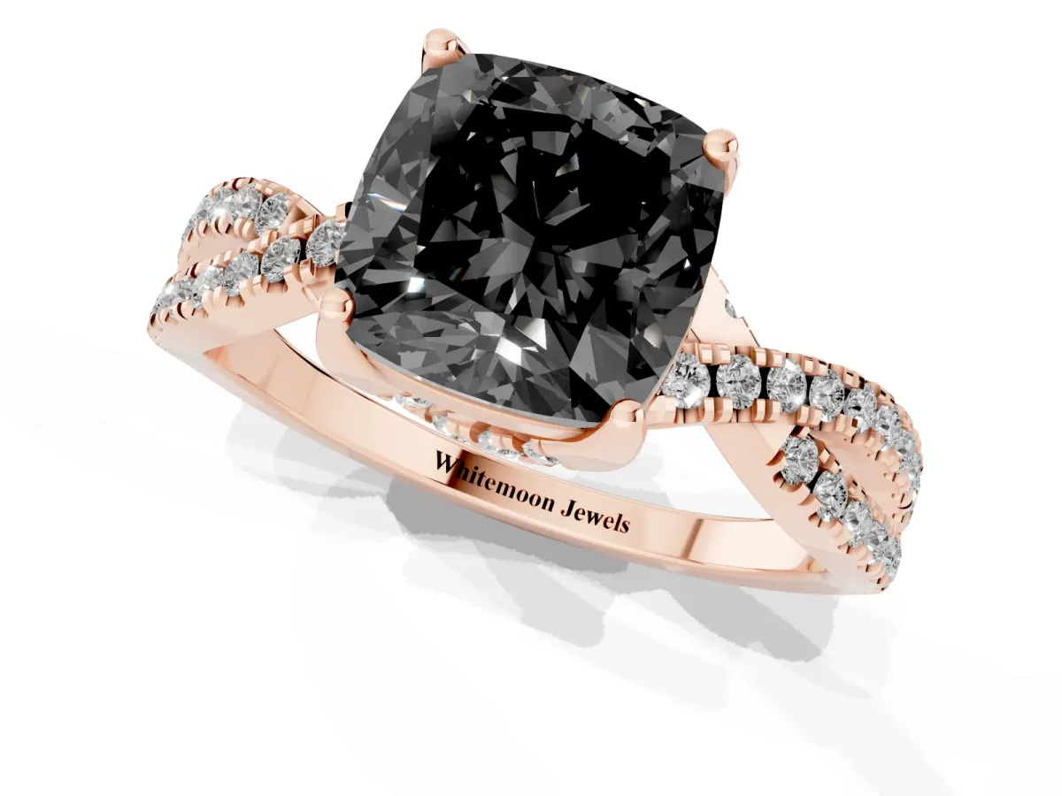 Fancy Black Cushion Cut Solitaire Twist Pave Diamond Engagement Ring with Prong Setting Rose gold