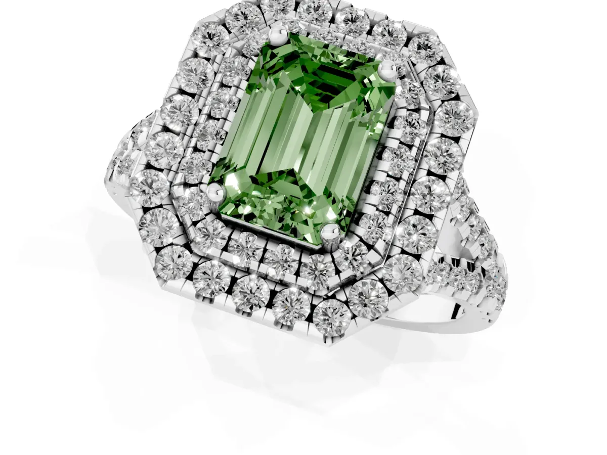 Fancy Green Double Halo Emerald Cut Diamond Pavé Split Shank Ring with Prong Setting White gold