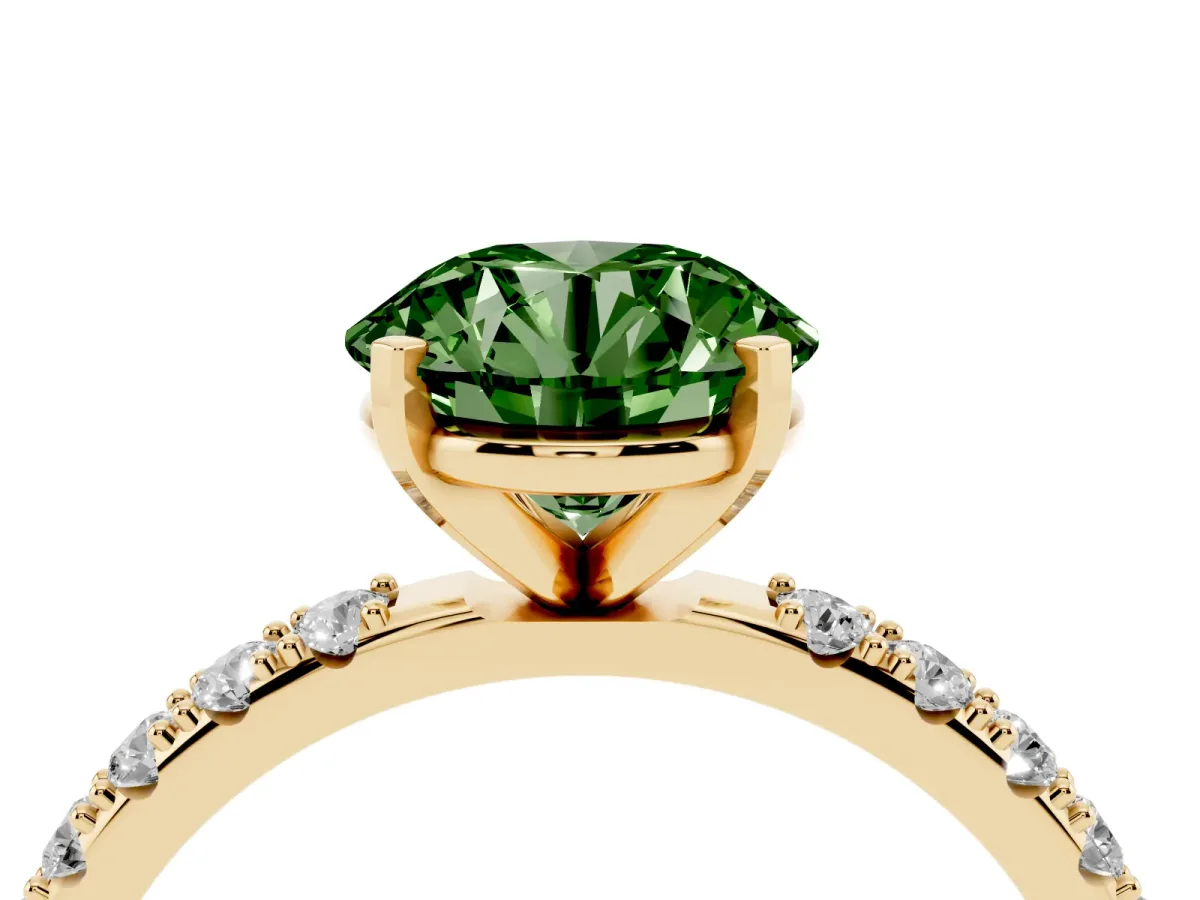Fancy Green Round Cut Diamond Solitaire Pavé Band with Four-Prong Setting Yellow gold