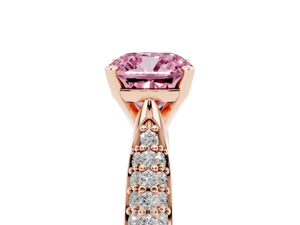 Fancy Pink Cushion Cut Diamond Solitaire Engagement Ring with Multi-Row Round Pavé Band and Prong Setting Rose gold