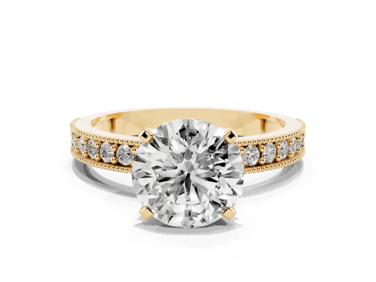 Round Cut Diamond Milgrain Pavé Engagement Ring with Four-Prong Setting Yellow gold