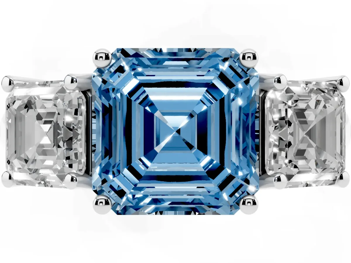 Fancy Blue Three-Stone Asscher Cut Diamond Engagement Ring with Prong Setting Silver