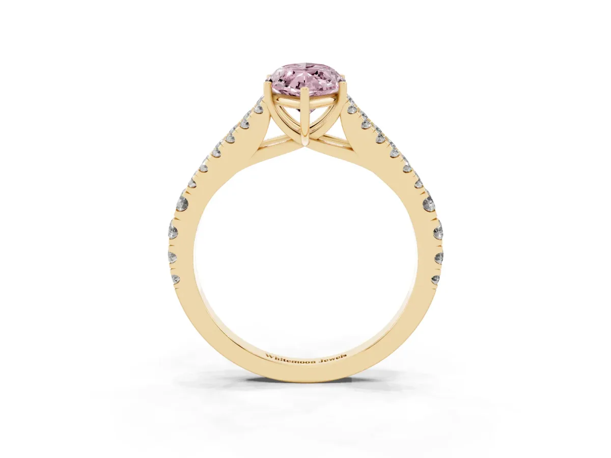 Fancy Pink Marquise Cut Diamond Split Shank Engagement Ring with Round Pavé and Prong Setting Yellow gold