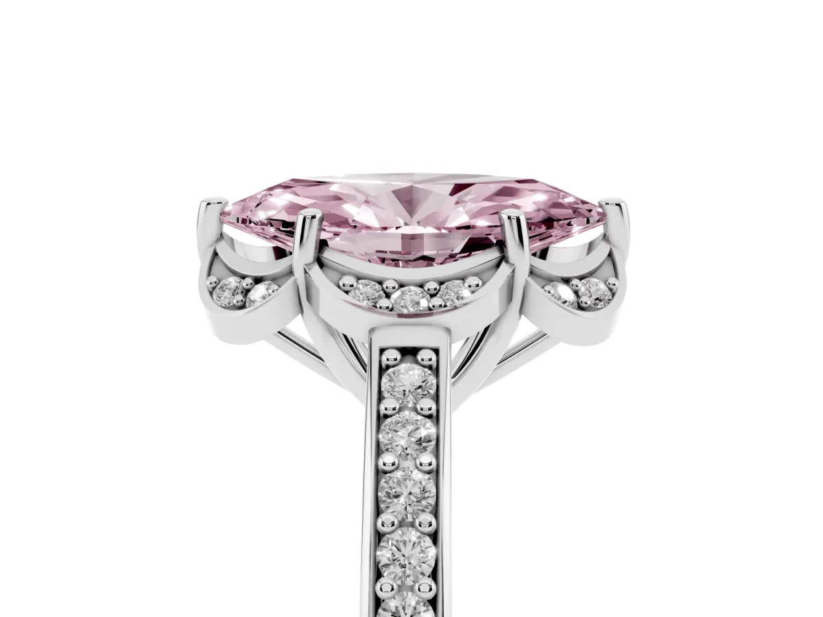 Fancy Pink Marquise Cut Cut Halo Diamond Ring with Channel Set Band and Four-Prong Setting Silver
