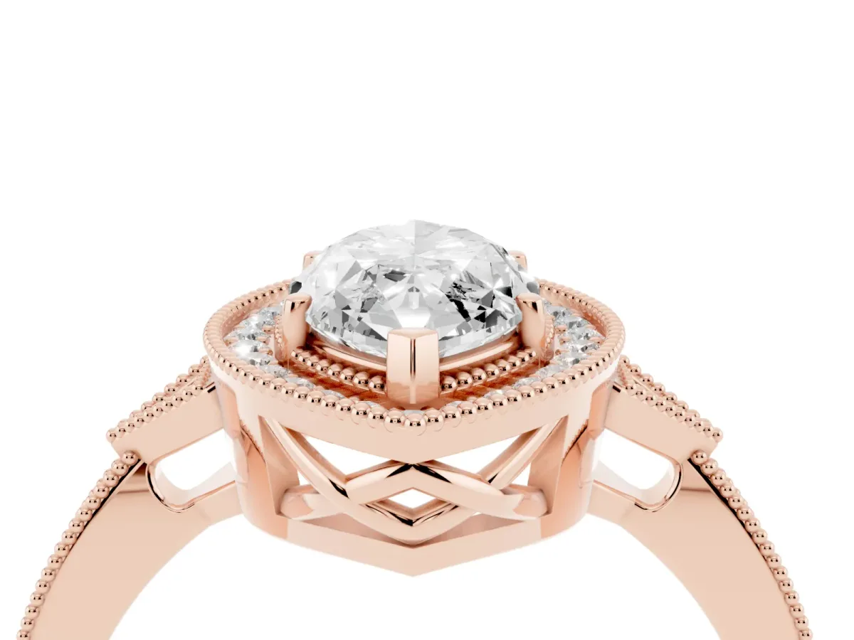 Marquise Cut Halo Round Diamond Milgrain Pave Engagement Ring Rose gold