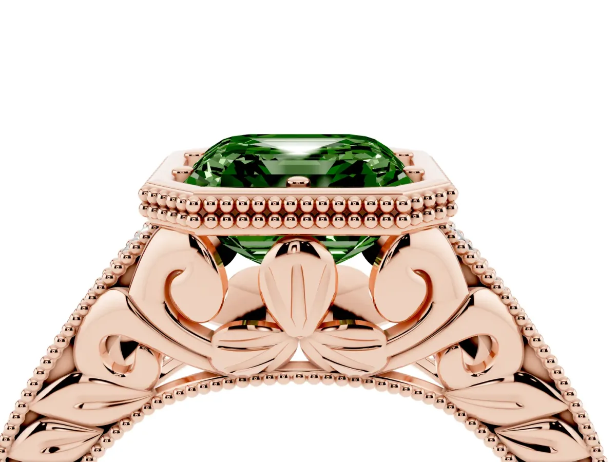 Fancy Green Bezel Set Asscher Cut Diamond Milgrain Pave Engagement Ring Rose gold
