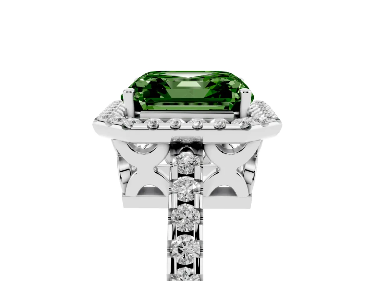Fancy Green Asscher Cut Diamond Halo Engagement Ring with Pavé Band and Prong Setting Platinum