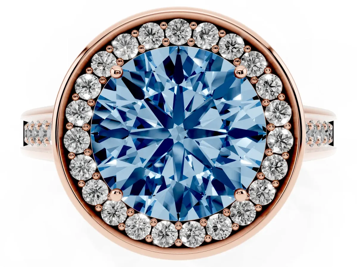 Fancy Blue Round Cut Halo Solitaire Diamond Ring with Pave Band and Bezel Setting Rose gold